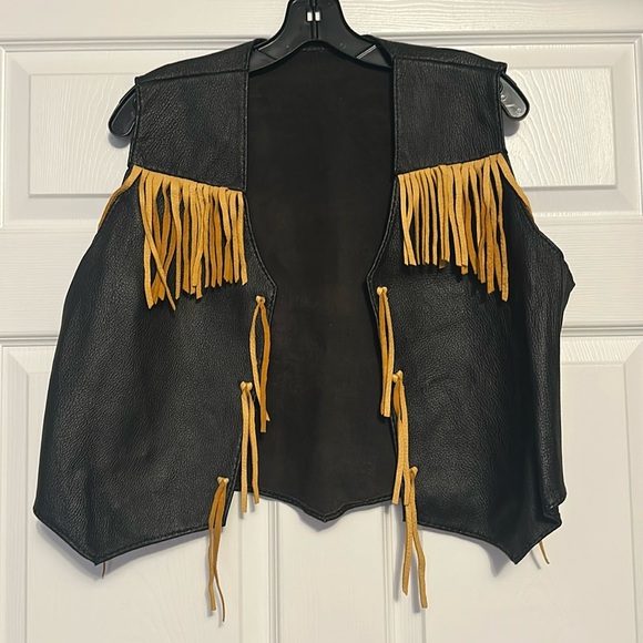 Not Labeled Jackets & Blazers - Vintage black leather with gold leather fringe vest. Sz fits Sm/Med